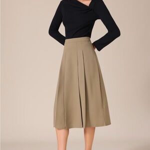 Elegant Tan Pleated Midi Women's Skirt